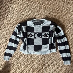 Celestial Black & Blue Checkered Oversized Knit Sweater with Sun, Moon, & Star